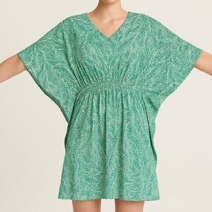 Robbie Bee Green Leaf Print Caftan Dress Batwing Sleeve Smocked Waist L